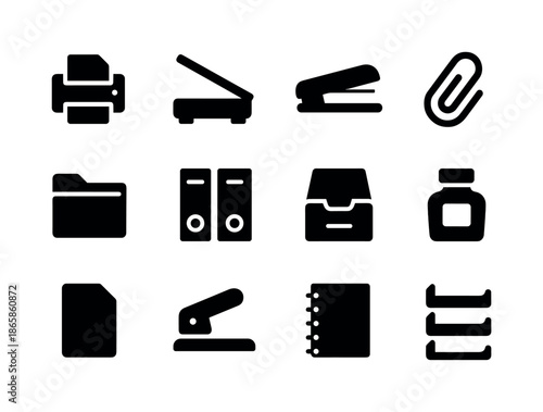 Office Tools Icons. Office tools. Solid icon set of Office tools: printer, scanner, stapler, paperclip, folder, binder, file box, ink bottle, paper sheet, hole