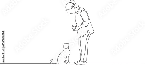Person training a cat with a treat, line art illustration
