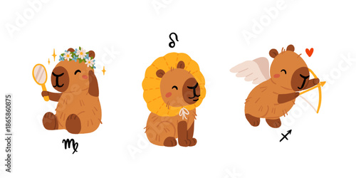 Capybara zodiac signs kawaii vector set, cute cartoon astrology animals clipart. Horoscope symbols collection, flat EPS10 illustration for stickers, prints and social media