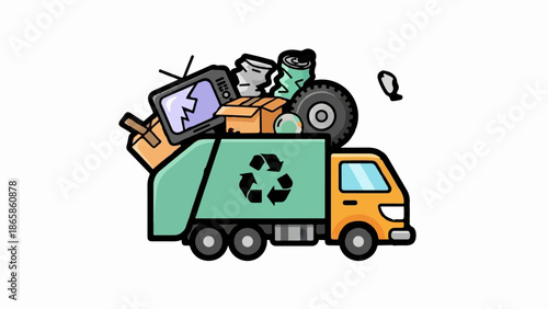 Cartoon garbage truck overflowing with discarded items like a broken TV, boxes, cans, and a tire