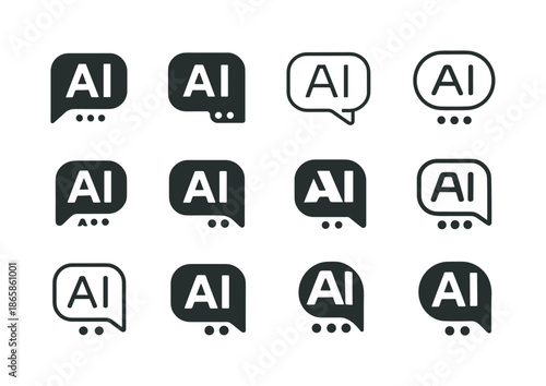 AI Business Transformation Logos. How AI transforms business. Icon set. Set Logo of how AI transforms business: chat automation bubble. harmonious logo