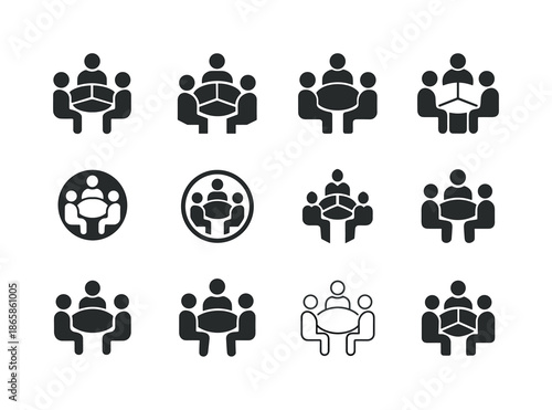 Union Emblem Collection. Workers? union meeting. Icon set. Set Logo of workers? union meeting: team discussion table. harmonious logo variations of the same