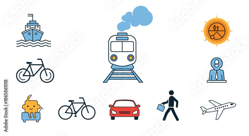 Collection of colorful transportation and travel icons including a train, airplane, ship, bicycle, car, and pedestrian.