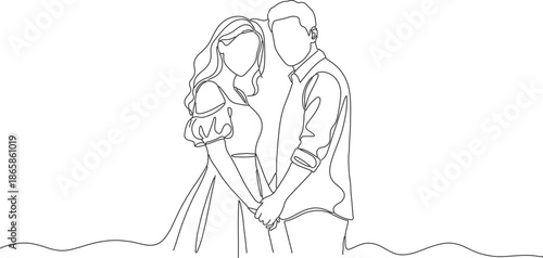 Continuous Line Drawing of a Loving Couple Holding Hands, Symbolizing Connection and Romantic Partnership, Minimalist Art for Anniversary and Relationship Themes