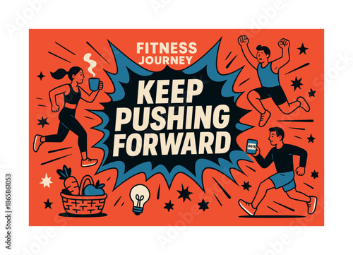 Dynamic Fitness Motivation Banner. Fitness journey keep pushing forward banner, flat vector illustration in SORA style, bold oversized text inside dynamic