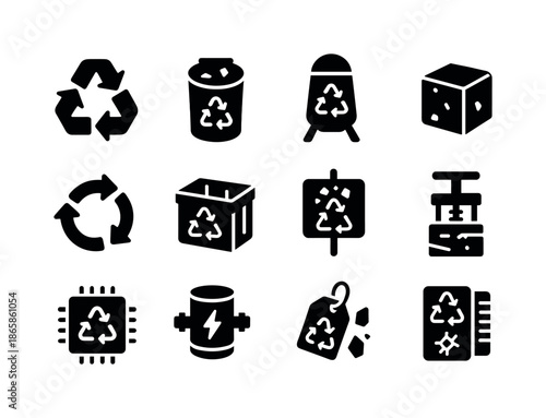Space Recycling Icons. Space recycling. Solid icon set of Space recycling: recycle symbol, debris bin, sorting module, compacted cube, recycling arrows,