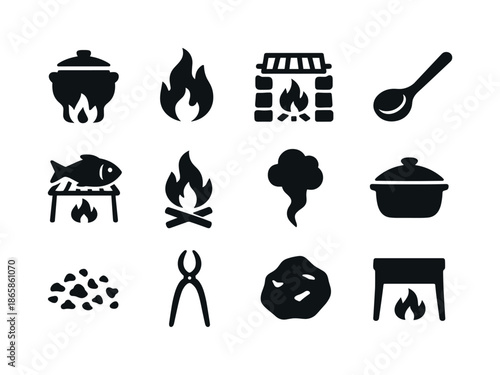 Traditional Fire Cooking Icons. Traditional fire cooking. Solid icon set of Traditional fire cooking: clay pot, open flame, stone grill, wooden ladle, fish on
