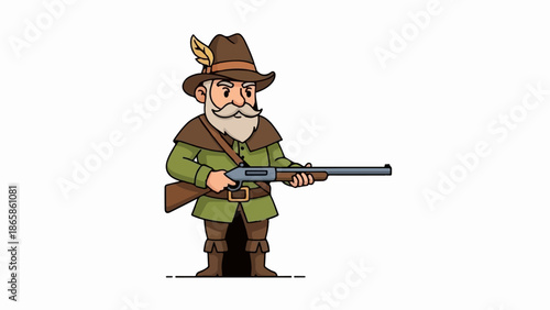 Cartoon hunter in traditional attire, holding a rifle
