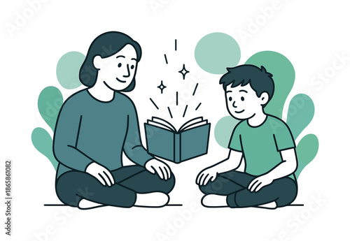 Floating Book Focus. Learning together. A parent and child sit cross-legged with a floating book between them; light sparks show growing curiosity. Calm shapes