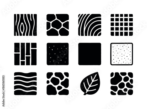 Natural Texture Icons. Natural textures. Solid icon set of Natural textures: wood grain, stone texture, fiber pattern, linen weave, raw bamboo, uncoated