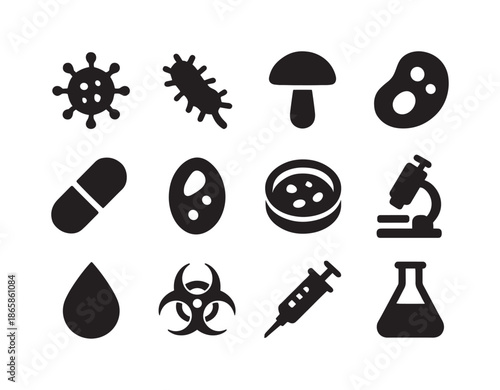 Pathogens Icon Set. Pathogens. Solid icon set of Pathogens: virus, bacteria, fungus, protozoa, capsule, spore, petri dish, microscope, droplet, biohazard sign,