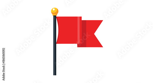 Simple red pennant flag with a swallowtail tip on a black flagpole with a golden ball ornament isolated on white.