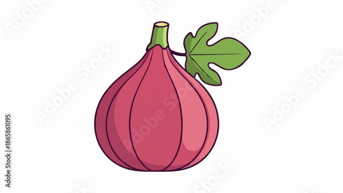 A stylized pink fig with a green stem and a single green leaf
