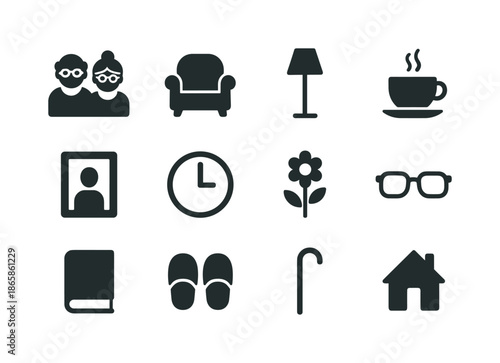 Senior Living Icons. Senior Living. Solid icon set of Senior Living: elderly couple, armchair, lamp, tea cup, photo frame, clock, flower, glasses, book,