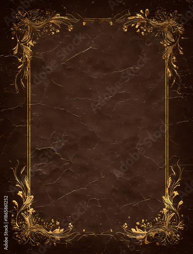 a brown marble-textured background with golden floral borders, a blank poster template for writing on it, digital art.