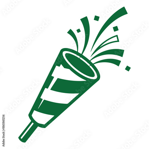 green party popper icon with stripes and lines  celebration and fun symbol