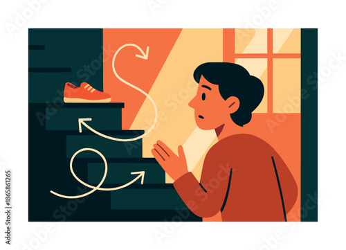 Lone Shoe Discovery. Shoe on the staircase. Character spotting a lone shoe sitting halfway up the stairs; swirling arrows pointing the way. Warm morning light