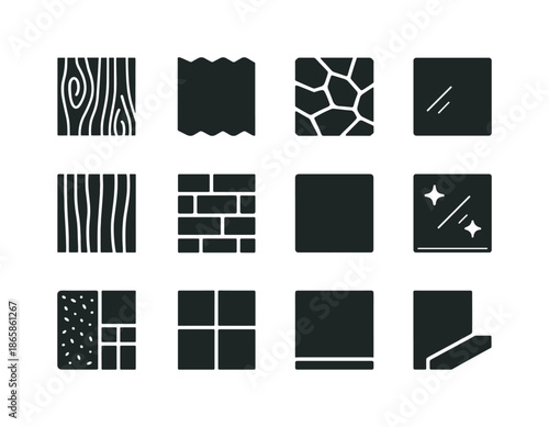 Architectural Finishes Icons. Architectural finishes. Solid icon set of Architectural finishes: wood panel, steel sheet, stone tile, brushed metal, stained