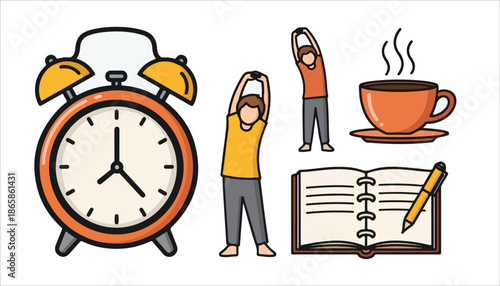 Morning routine elements including an alarm clock, stretching people, a hot drink, and a journal.