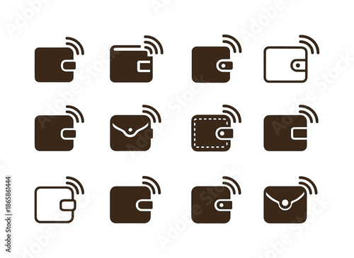 Leather Wallet Logos. Leather wallet. Icon set. Set Logo of leather wallet: RFID signal mark. harmonious logo variations of the same emblematic concept, each