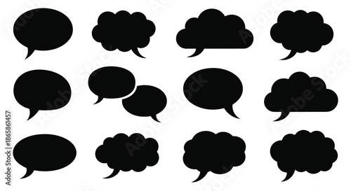 Collection of solid black speech and thought bubble silhouettes for bold comic dialogue and minimalist communication icons.