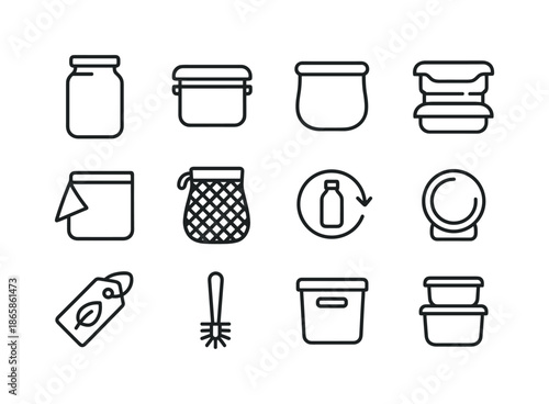 Reusable Food Packaging Icons. Reusable food packaging. Line icon set of reusable food packaging: glass jar, metal container, silicone pouch, lunchbox,