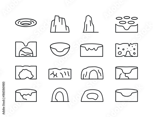 Karst Relief Icons. Karst relief. Line icon set of Karst relief: sinkhole, limestone cliff, karst tower, cave entrance, underground river, doline depression,