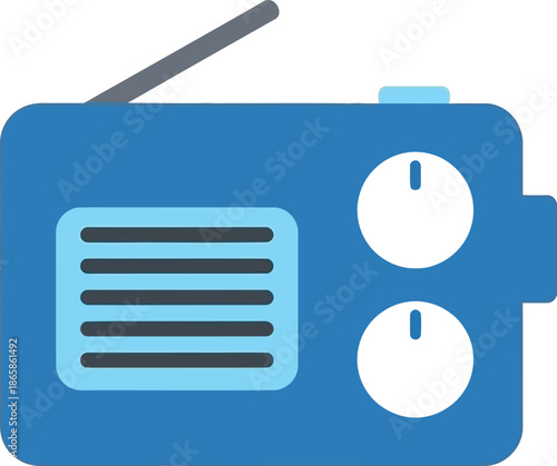 Simple flat design illustration of a portable blue transistor radio featuring an extendable antenna and tuning knobs against a white background