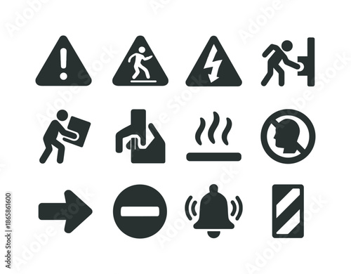 Risk Warning Icons. Risk warnings. Solid icon set of risk warnings: caution triangle, slippery floor icon, high voltage sign, falling object warning, heavy