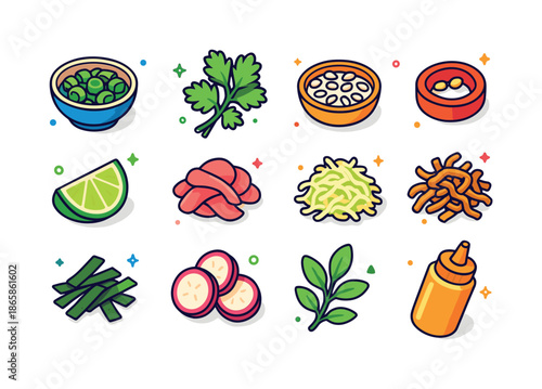 Braised Pork Garnishes Icons. Braised pork garnishes. Colorful isometric vector icons set of Braised pork garnishes: chopped scallions bowl, cilantro leaves