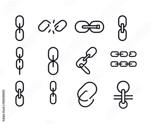 Chain Link Icon Set. Chain link elements. Line icon set of chain link elements: vertical chain, broken chain link, looped chain, chain with bolt, hanging chain