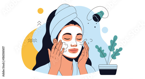 Woman performing a skincare routine by applying a white cream face mask at home with a spa-themed abstract background.