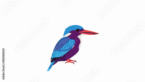 A stylized, pixelated kingfisher with blue, purple, and red feathers is depicted against a white background