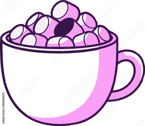 A stylized pink mug filled with marshmallows and a dark center