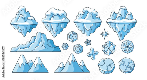 Collection of pixel art icebergs mountains and snowflake shapes in cool tones