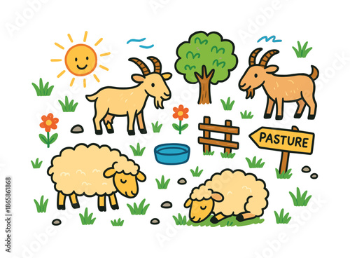 Pastoral Doodle Scene. Grazing animals. Colorful Hand-drawn doodle Children illustration Grazing animals sheep, goats, grass tufts, flowers, tree, sun icon,