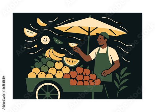 Colorful Fruit Cart. Fruit cart freshness. Piled fruit glowing under a parasol; slices drifting in the air as the vendor offers samples. Breeze lines adding