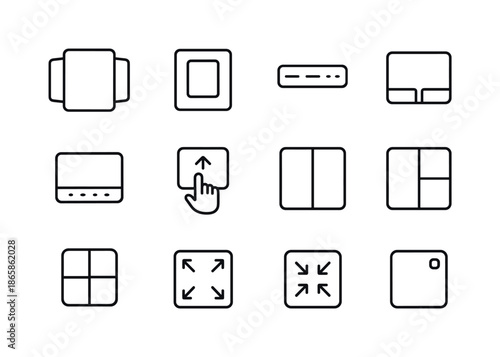 Multitasking Icon Set. Multitasking on screen. Line icon set of Multitasking on screen: task switcher carousel, app thumbnails, minimized window bar, overlay