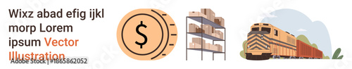 Supply chain, logistics, shipping, transportation, economic management, trade systems. Dollar sign coin, warehouse shelves freight train. Supply chain and logistics concept