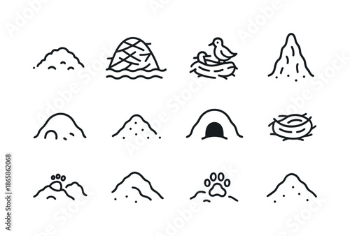 Animal Mound Icons. Animal-made mounds. Line icon set of Animal-made mounds: molehill, beaver mound, bird mound, termite mound, rodent mound, insect soil pile,
