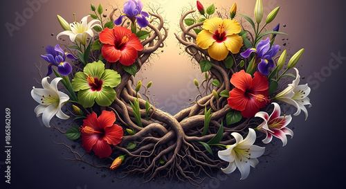 Vibrant floral heart-shaped wreath with colorful hibiscus, lilies, and irises intertwined with twisting branches, symbolizing unity and diversity for Black History Month