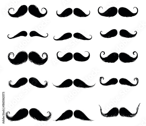 Hand drawn mustache set featuring various classic and curly styles for retro design elements