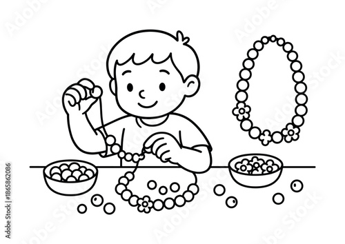Beadwork Coloring Fun. Beadwork and jewelry children?s coloring book illustration, outlined drawing, artisan stringing simple beads to make a necklace,