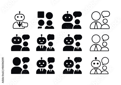 AI Business Transformation Icons. How AI transforms business. Icon set. Set Logo of how AI transforms business: enterprise chatbot assistant. harmonious logo
