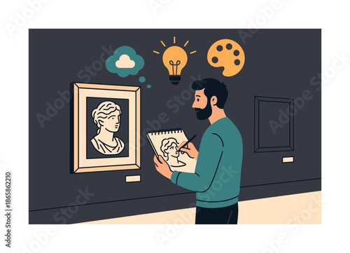 Sketching in Gallery. Gallery sketching. An artist stands with a sketchpad, copying a displayed piece as inspiration icons float above. Creativity sparked by