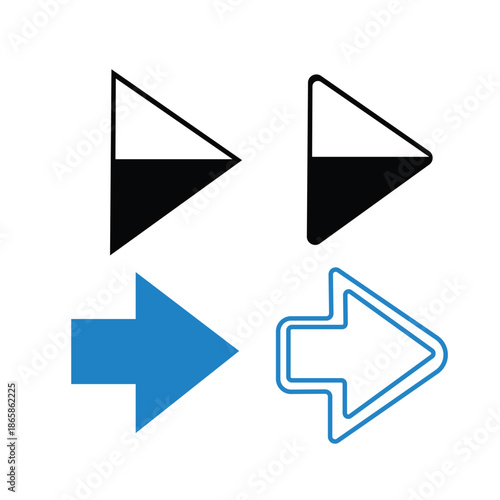 Set of four right arrow icons in different styles outline, filled, split color, and blue outline