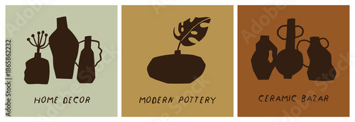 Modern ceramics and pottery, square post card designs set. Ceramic flower vases with leaf, rough irregular shape silhouettes, hand-made crockery, earthenware craft. Flat vector illustration