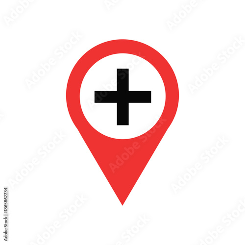 Red map pin icon with black medical cross inside