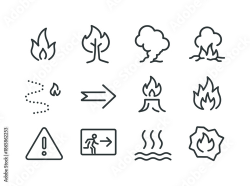 Wildfire Icon Set. Wild fire trail. Line icon set of Wild fire trail: fire spark, burning tree, smoke plume, scorched ground, ember trail, wind direction