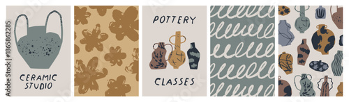 Ceramics poster set. Handmade pottery, earthenware, ceramic vases, floral pattern, doodles and scribbles backgrounds, textures. Modern craft, vertical card designs. Flat vector illustration